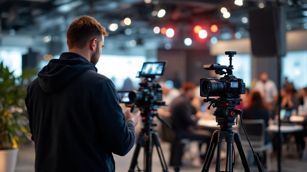 An organizer setting up a blockchain event with cameras and media equipment ready for coverage.