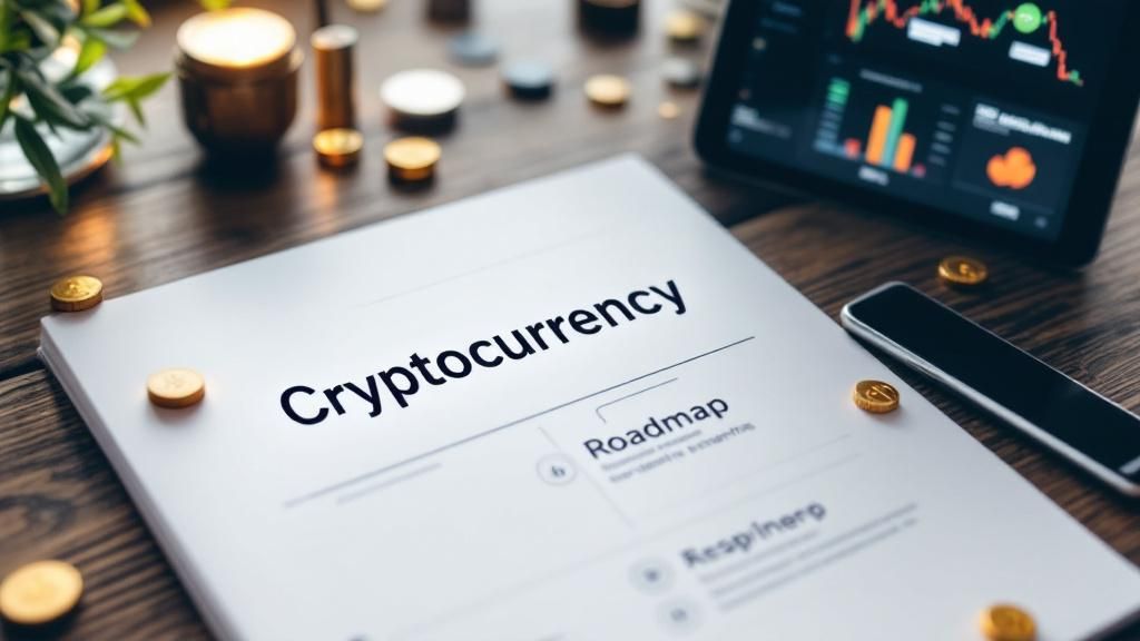 A roadmap with steps and strategies for businesses to engage in cryptocurrency events, featuring digital tools and networking opportunities.
