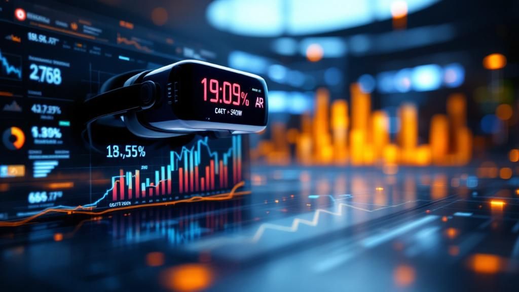 Graphs and charts showcasing data on the integration of VR and AR technologies in cryptocurrency shows, highlighting growth trends and market size.
