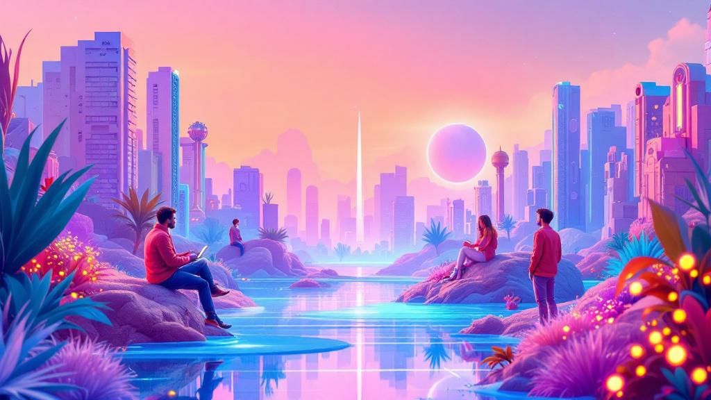 A futuristic scene depicting the ongoing evolution and future potential of community-driven cryptocurrency podcasts