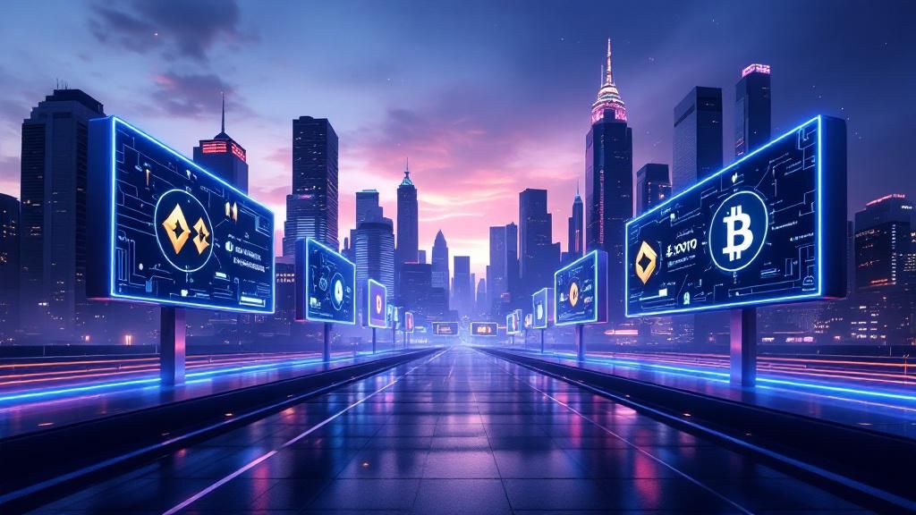 A futuristic city skyline with digital billboards showcasing cryptocurrency symbols, representing the evolving landscape of crypto events.