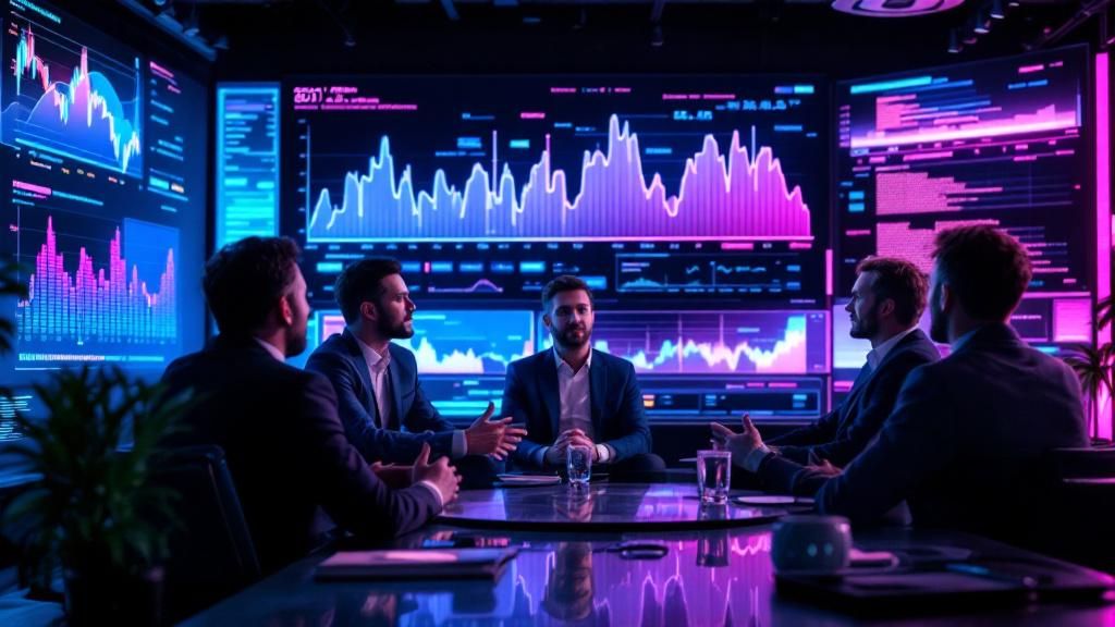 A panel of experts discussing future trends in cryptocurrency, with digital charts and futuristic visuals in the background.
