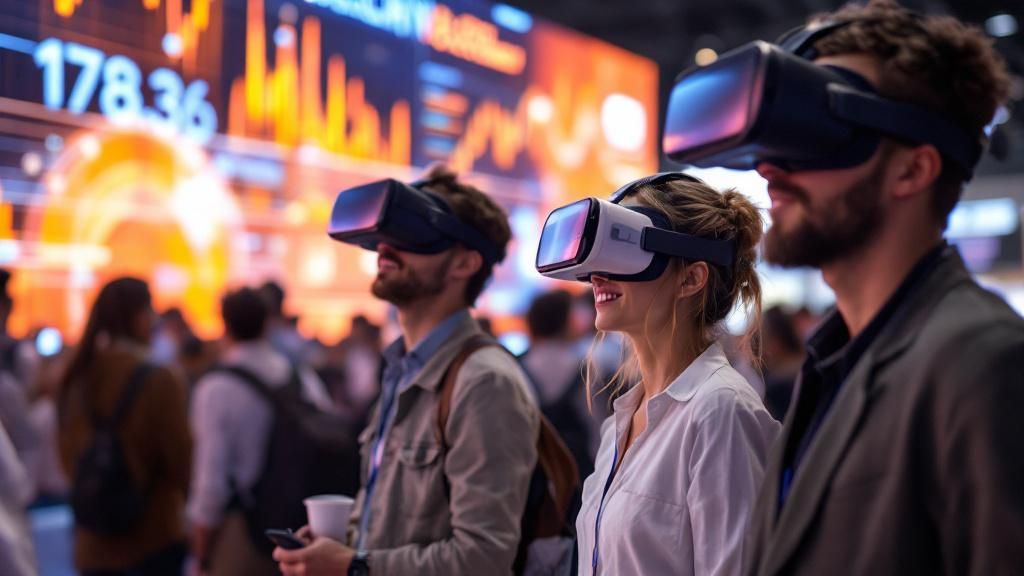 An introductory image showing a diverse group of people using virtual reality headsets at a cryptocurrency event, with digital screens displaying blockchain data.