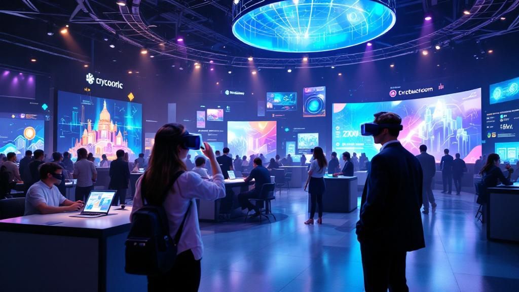 A vibrant scene illustrating how virtual and augmented reality enhances the experience at a cryptocurrency show, with interactive holograms and digital displays.
