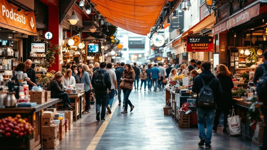 A bustling marketplace with symbols of podcasts and community interaction, indicating market response